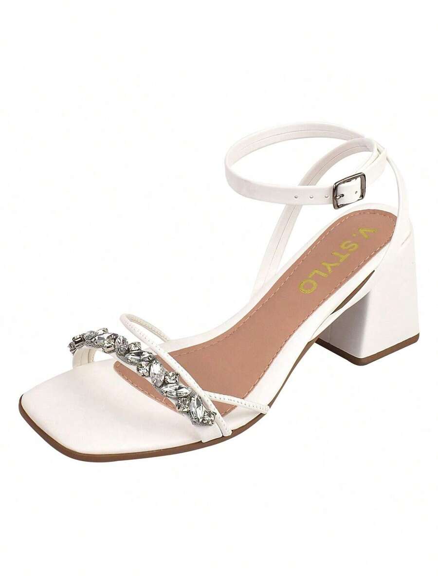 Elegant Geometric Stonework Chunky Block Heel Sandal - 白色 - 查看 1