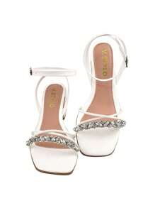 Elegant Geometric Stonework Chunky Block Heel Sandal - 白色 - 查看 2