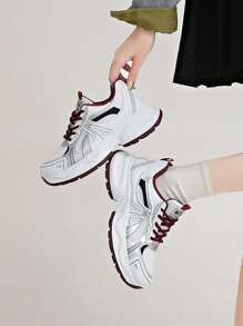 Women's White Casual Sneakers, Thick Sole Chunky Sneakers, Mesh Breathable, Printed Lace-Up, Petite Height Increase, Suitable For Daily Casual Wear, Travel, Shopping, Fashion Versatile - Red - View 3