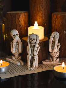 3-Piece Resin Skull Sculpture - Scary Home And Wall Decoration, Suitable For Halloween, With "Don't Listen, Don't Look, Don't Talk" Pattern Horror Themed Escape Room Scene Decoration Posing Skull Realistic Human Skeleton Decoration Best Gifts Birthday Graduation Home Decor Halloween Decor Fall Decor Room Decor