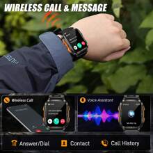 EIGIIS 3ATM 防水男士智能手表，带无线通话 LED 手电筒，1.96 英寸高清户外智能手表，运动健身追踪器手表，带睡眠监测器、锻炼记录、语音助手、计时器、秒表，适用于 iOS Android 手机