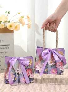 1/5 包 2D 油画图案礼品纸袋,带丝带,便携式纸质礼品袋,手提袋,紫色花瓣奶油色,适用于婚礼创意、婚礼回礼、生日装饰、生日礼物袋、婚礼派对礼物袋、单身派对、婚礼宾客回礼、情人节(2D 印刷) - 彩色 - 查看 3