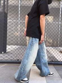 Blugi bărbătești vintage, spălați, albaștri, cu croială dreaptă, pantaloni streetwear casual, stil versatil