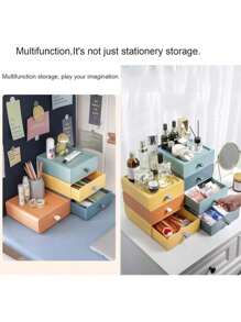 1 pieza Organizador de escritorio multifuncional, organizador de cajones, caja de almacenamiento para maquillaje y joyas, material de PP duradero, adecuado para oficina, hogar, tocador, baño, dormitorio, sala de estar, almacenamiento de papelería. Cajones a prueba de polvo, apilables, múltiples colores disponibles