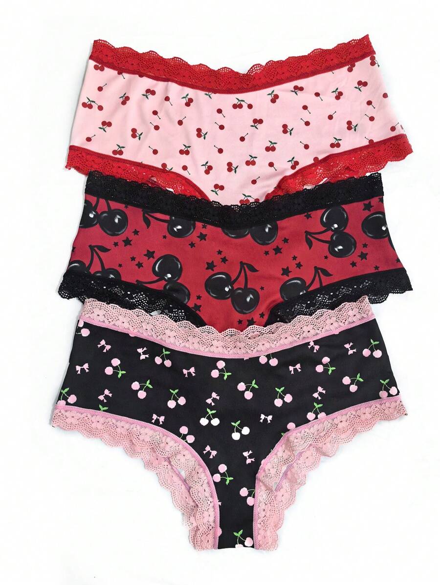 3pcs/Set Cherry Print Colorful Lace Patchwork Women's Fresh Style Briefs - Multicolor - View 1