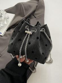 1pc Nylon Plain Drawstring Bucket Bag With Chain Strap, Fashion Pearl Shoulder Handbag For Women - Multicolor - View 6