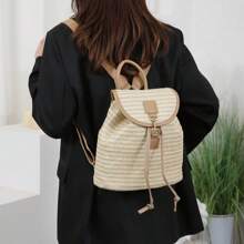 Travel Knotted Drawstring Woven Large Capacity Beach Backpack With Lining, Perfectly Matching With Backpack Accessories, Back To School Essentials - Brown - View 5