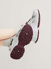 Women's White Casual Sneakers, Thick Sole Chunky Sneakers, Mesh Breathable, Printed Lace-Up, Petite Height Increase, Suitable For Daily Casual Wear, Travel, Shopping, Fashion Versatile - Red - View 6