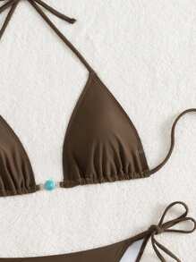 Nuovo costume da bagno estivo da donna, con parte inferiore a spaghetti con fiocchi sul retro in marrone e parte superiore blu a due pezzi con pendenti di perline laterali