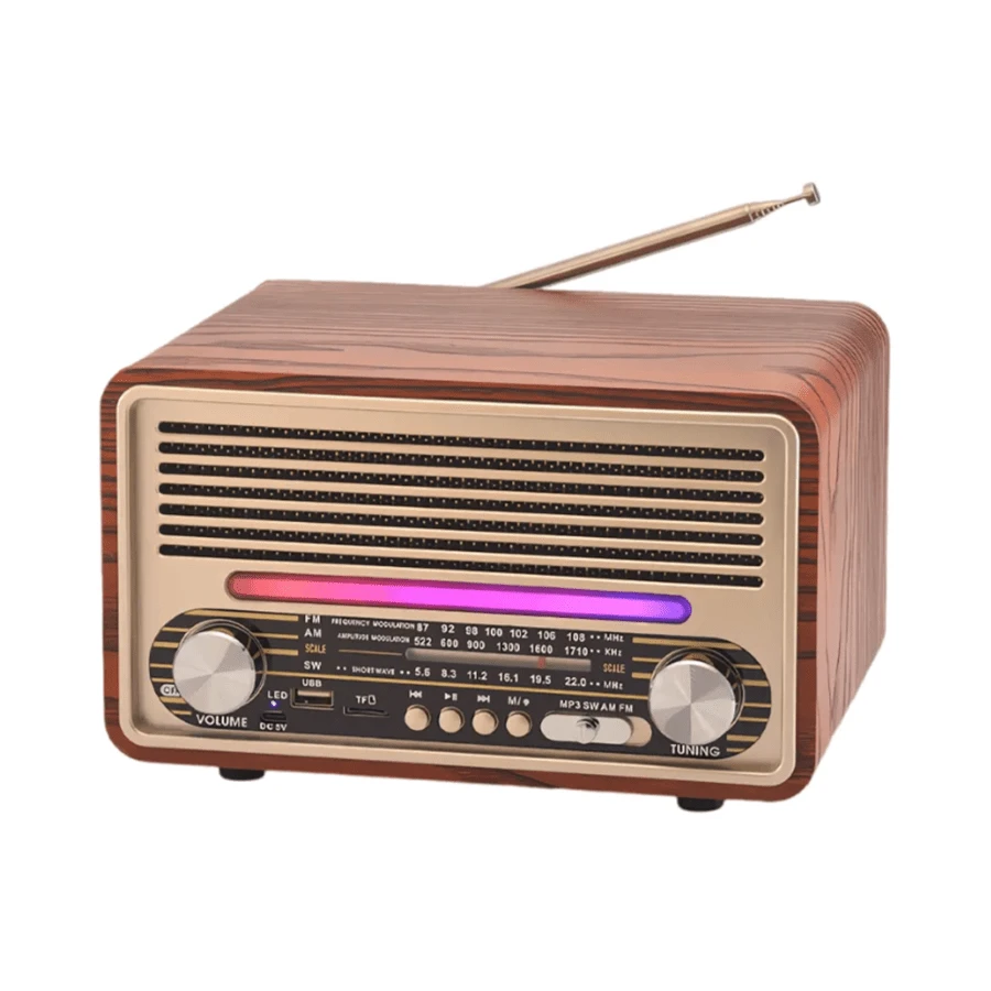 NNS Radios portátiles AM/FM/SW, radios retro vintage de onda corta con transistores y parlantes, Con luz RGB,compatible con alimentación por USB , Bluetooth/TF - Marrón - Ver 1
