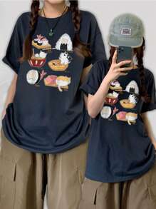 女士夏季新款简约日式寿司和小猫印花短袖 T 恤，休闲宽松百搭 T 恤 - 藏蓝色 - 查看 7