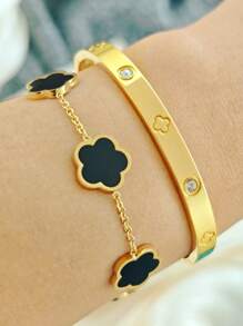 1pc Four-Leaf Clover Bracelet, Stainless Steel Bracelet, Zirconia Bracelet, Nail Bracelet, Titanium Steel Bracelet, Jewelry Gold Jewelry Jewelry Women Bracelets Accessories Women Stainless Steel Jewelry Bracelets For Women Western Jewelry Mirror Polishing
