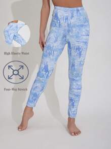 1 pieza Pantalones ajustados de mujer en azul celeste, diseño cómodo con estampado de nubes, leggings de tela de melocotón transpirable, pantalones de yoga elegantes y moldeadores con gran elasticidad, mallas para ejercicio, aptos para gimnasio, exterior, todo el año