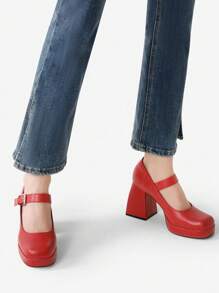 Women's Chunky Platform Heel Pumps - Square Toe Strappy Block Heels For Wedding, Prom & Party - 紅色 - 查看 8
