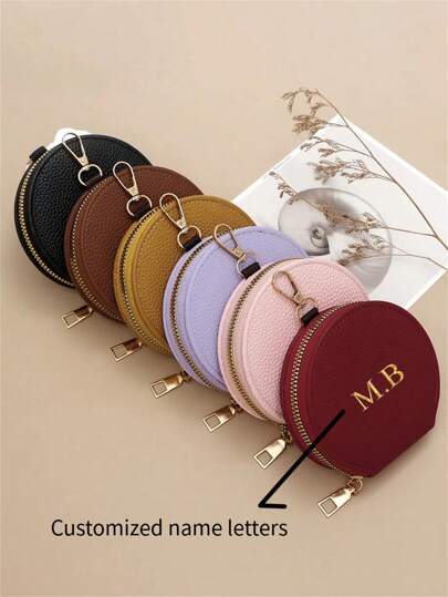 [Customized]Personalized Name Fashionable Korean Style Round Zipper Coin Purse, Candy Color INS Design Multifunctional Small Change Wallet Card Holder Key Case