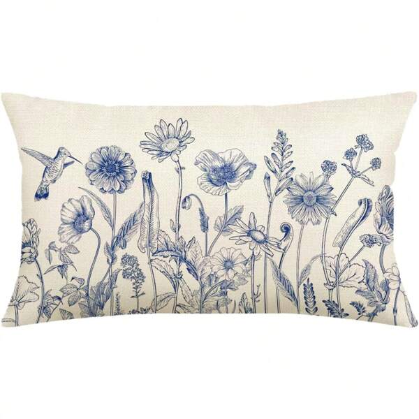 1PC Vintage Bird Floral Pillowcase 12x20" Navy Blue & Cream Floral Pillowcase Chinoiserie Floral Pillowcase Farmhouse Cushion Cover Sofa Bed Sofa Chair Home Decor, Pillow Core Not Included On One Side