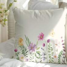 Juego de 4 fundas de almohada con estampado de flores silvestres, plantas verdes silvestres y mariposas voladoras con flores coloridas en un borde horizontal acuarelado de verano y primavera. Decoración perfecta para tu sofá, hogar, habitación, oficina, sala de estar y embellecimiento del sofá (sin relleno de almohada) con impresión unilateral.