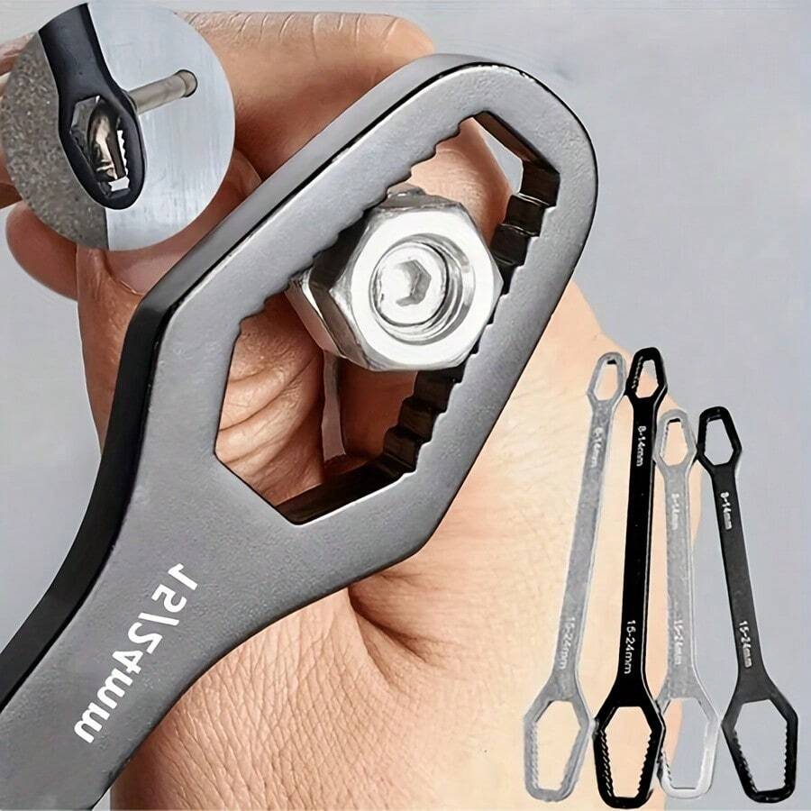 Multi-Functional Black 5mm Thickness-Handle Adjustable Self-Tightening Double-Ended Wrench Household Use - 0.98 * 5.91 Inches - View 1
