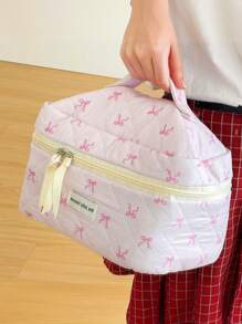 1 Piece Pink Ribbon Bow Storage Bag, Korean Style Sweet Girl Student, Large Capacity Toiletry Bag, Pillow-Shaped Quilted Clutch Bag, Fashion And Cute Makeup Bag That Can Hold Mobile Phone Data Cables, Bluetooth Headsets, Cosmetics And Change Travel Essentials Travel Accessories Travel Must Haves Holiday Essentials Holiday Travel Bag - Pink - View 8