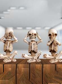 3-Piece Resin Skull Sculpture - Scary Home And Wall Decoration, Suitable For Halloween, With "Don't Listen, Don't Look, Don't Talk" Pattern Horror Themed Escape Room Scene Decoration Posing Skull Realistic Human Skeleton Decoration Best Gifts Birthday Graduation Home Decor Halloween Decor Fall Decor Room Decor