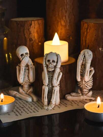 3-Piece Resin Skull Sculpture - Scary Home And Wall Decoration, Suitable For Halloween, With "Don't Listen, Don't Look, Don't Talk" Pattern Horror Themed Escape Room Scene Decoration Posing Skull Realistic Human Skeleton Decoration Best Gifts Birthday Graduation Home Decor Halloween Decor Fall Decor Room Decor