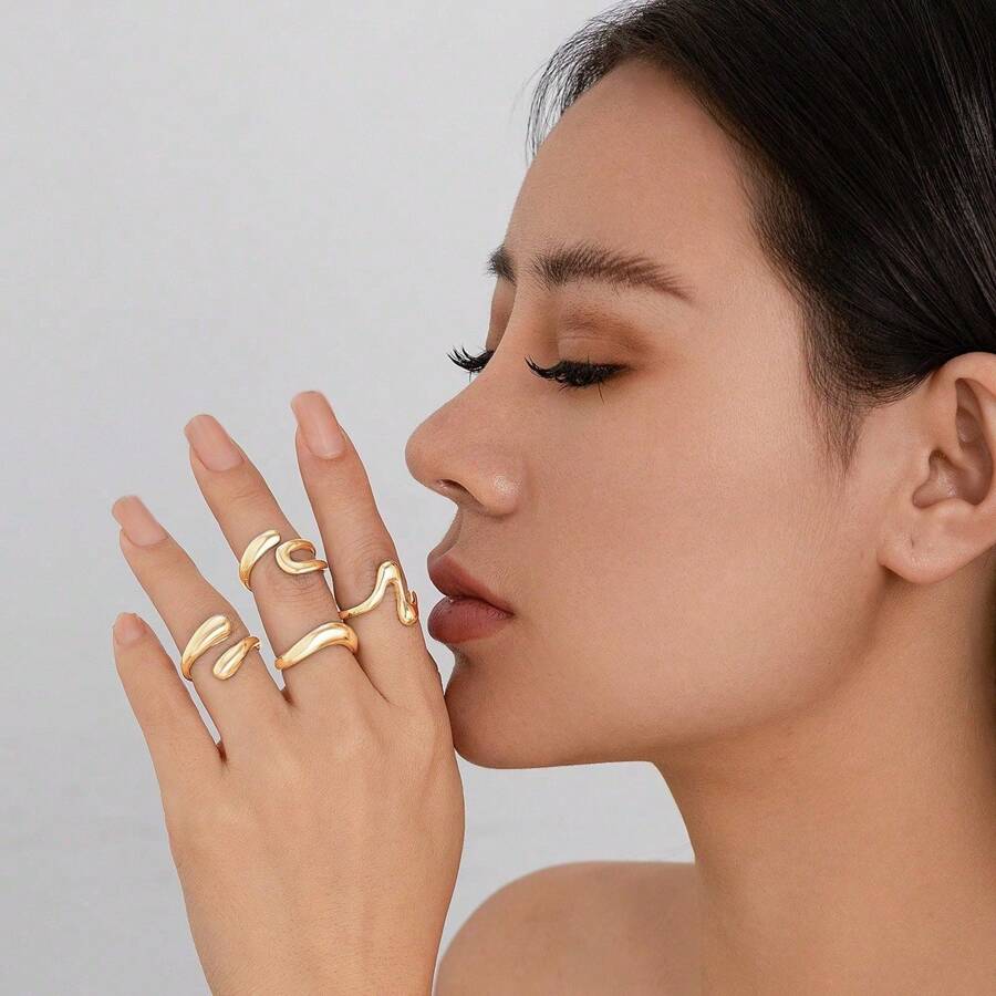 4pcs Set Niche Designed Glossy Lava Alloy Open Ring, Fashionable Luxury Geometric Arc Shape High-End Rings, Suitable For Women Daily Wear - Silver - View 1