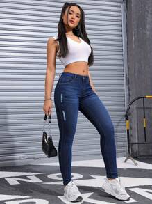 Jeans Vaqueros Ajustados Casuales De Alta Elasticidad , Vaqueros De Mezclilla Y Ropa Para Mujeres - Azul lavado medio - Ver 1