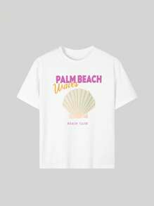Una camiseta de cuello redondo informal con estampado para niñas y niños pequeños en verano - Una hermosa camiseta con estilo de arte de conchas que inspira la imaginación y la expresión personal. Ropa de niña, camisetas gráficas de verano, ropa de niña preadolescente