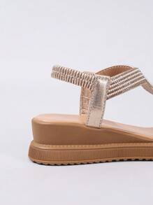 Summer Comfortable Goddess Style Platform Thick Bottom Rhinestone Open Toe Roman Sandals,Wedge Sandals - Gold - View 4