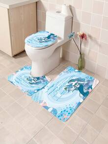 1pc/4pcs Ocean Creatures Multifunctional Bathroom Decoration Set: Waterproof Shower Curtain With 12 Hooks, Anti-Slip Bath Mat, U-Shape Floor Mat, And Round Toilet Seat Cover - Comprehensive Bathroom Solution Bathroom Accessories Back To School