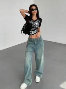 Goth Ladies Baseball Bud Slogan T-Shirt Print - Black - View 2