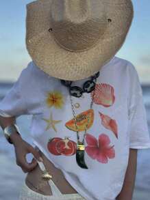 Women's Spring Summer Y2K Fashion Casual Versatile Vacation Solid Color Minimalist Style Floral Shell Starfish Fruit Pattern Round Neck Short Sleeve T Shirt