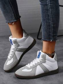 灰色女式复古帆布鞋平底运动鞋，休闲系带运动舒适耐磨多功能硫化橡胶鞋底运动鞋 - 灰色 - 查看 3