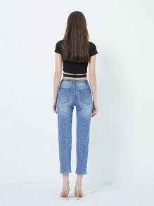Jeans Donna Crop a Vita Alta, Lavaggio Medio con Brillantini, Gamba Dritta, Lunghezza al Polpaccio COD.1022