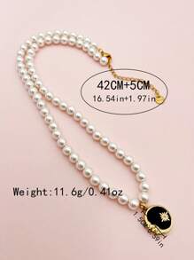 1pc Elegant Dainty Shell Beads Chain 18K Gold Plated Stainless Steel Black Dripping Oil Star & Moon Charm Necklace For Women Daily & Beach - Gold+White - View 6
