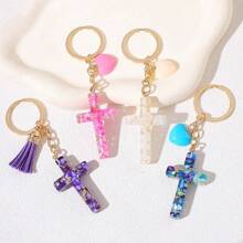 1pc Women's New European & American Style Resin Heart Cross Pendant Keychain, Shiny Cross Tassel Charm Accessory, Simple Backpack Hanging Ornament, Small Gift - Multicolor - View 1