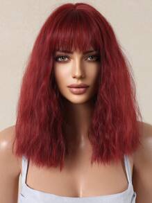 Peluca de estilo con flequillo, de 16 pulgadas, de color rojo vino, de largo medio, con apariencia natural y resistente al calor para uso diario. Peluca tejida de cabello sintético, de estilo elegante, resistente al calor, para uso cotidiano.
