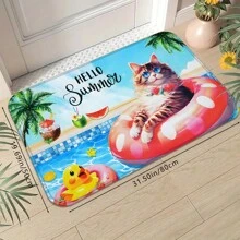 1pc Creative Summer Multicolor Pool Kitty Printed Doormat, Soft Non-Slip Absorbent Machine Washable Anti-Fatigue Kitchen Mat, Rectangular Low Pile Rug For Living Room, Bedroom, Kitchen, Laundry Room, Holiday Home Decor