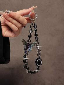 1pc Butterfly Crystal Bling Phone Lanyard, Delicate Crystal Beaded Short Wrist Strap With Clip Anti-Lost Phone Cord, Luxury Vibe - Multicolor - View 3