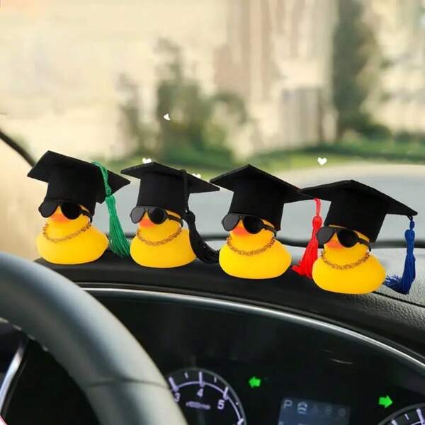 1set/5set Funny Graduation Rubber Duck Auto Decor, With Hat, Glasses, Necklace And Tassel - Silent Rubber Car Interior Decoration, DIY Interesting Grad Gift, Celebration Gift, Quirky Car Accessory, Graduation Party Decor