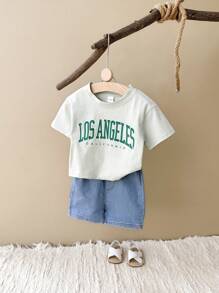 2pcs/Set Baby Boy City Letter Print Casual Light Green Short Sleeve T-Shirt And Shorts Set, Summer - Mint Green - View 2