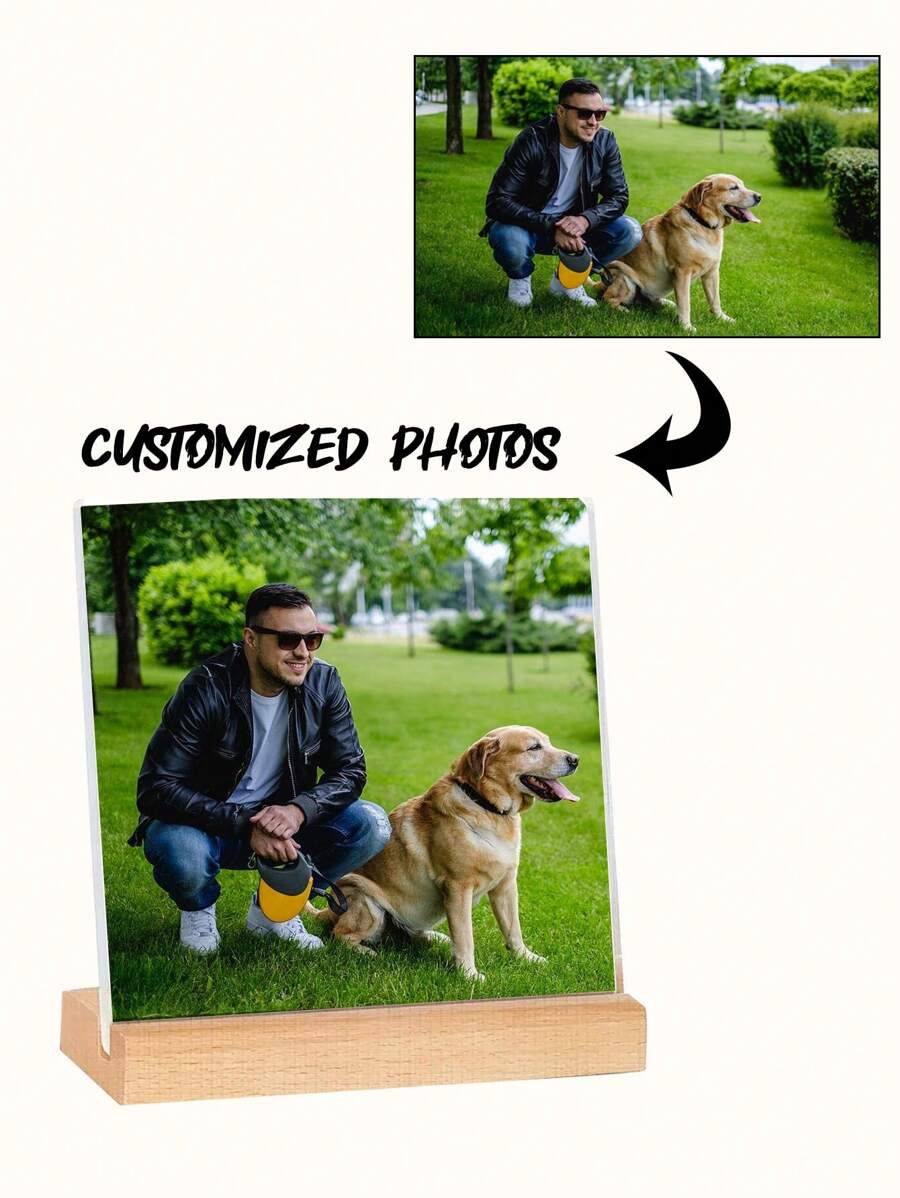 Customization 2pcs Custom Crystal Photo Signage With 1pc 10*10cm/3.94*3.94in Acrylic Plate And 1pc Wooden Base, Suitable For Friends, Family And Wedding Photo Frame, Recommend Anniversaries, Holidays And Souvenir Gifts Multi-Functional Desktop Display