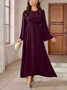 Solid Color Elegant Turkish Style Women Long Robe Dress With Pearl Decor Long Sleeve Abaya With Belt, Modest