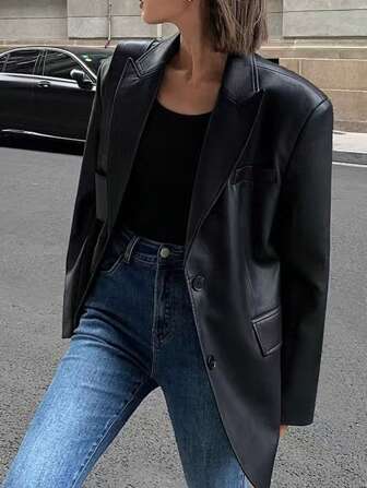 New Women's Black Loose, Retro And Classic PU Leather Blazer Jacket, Women's Streetwear, Suitable For Autumn And Winter. This High-Quality Blazer Features A Peak Lapel Design, Exuding A Sense Of Luxury. It Is A Highly Versatile And Personalized Item, Suitable For Various Grand Occasions Such As Parties, Stages, Dates, Weddings And Other Events. Women's Festival