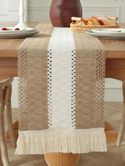 1 peça Caminho de mesa jacquard vintage tricotado à mão, estilo fazenda, decoração com borlas, adequado para cozinha, mesa de jantar, escrivaninha, penteadeira, mesa de centro, piquenique, decoração de casa, sala de estar, quarto, quintal, móveis de exterior, camping, vila, feriado, festa, casamento