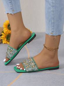 Women's Strap Crystal Embellished Slip-On Flat Sandals - Green - View 5