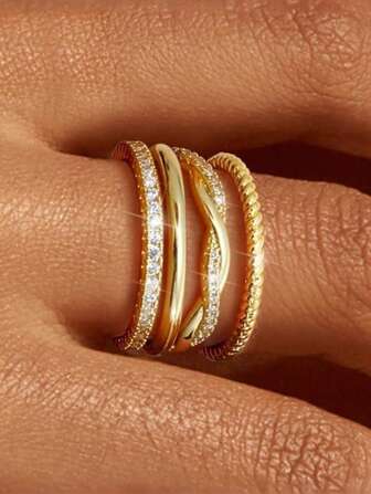 4 Pcs/Set Golden Everyday Stackable Rings Set Classic Twist Cubic Zirconia Promise Wedding Band Anniversary Engagement Rings For Women Daily Jewelry Gifts