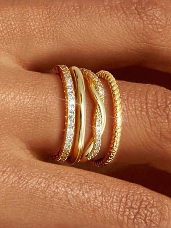 4 Pcs/Set Golden Everyday Stackable Rings Set Classic Twist Cubic Zirconia Promise Wedding Band Anniversary Engagement Rings For Women Daily Jewelry Gifts