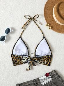 Women's Leopard Print Hollow Out Boho Style Beach Bikini Top With Ring Decor, Vacation Casual - Multicolor - View 3