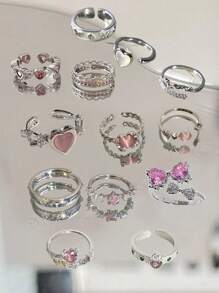 13pcs Adjustable Crystal Rings Y2K Pink Asymmetrical Geometry Vintage Bowknot Heart Ring Set For Women Girl New Fashion Jewelry Gift